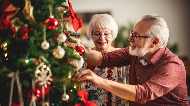 Mature senior happy couple decorating Christmas tree at home,celebrating winter holidays together