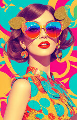 Fototapeta premium woman, dress, sunglasses, pop art, summer, vibes, trendy, fashion, style, portrait, beauty, model, young, attractive, happy, smiling, cheerful, joyful, carefree, positive, trendy art summer modern, ch