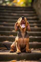 cute dachshund puppy yawning, sitting  outdoors in park with stairs