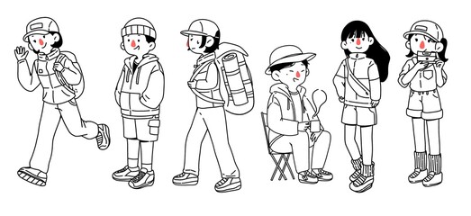 Hiking Drawings in Various Postures Set