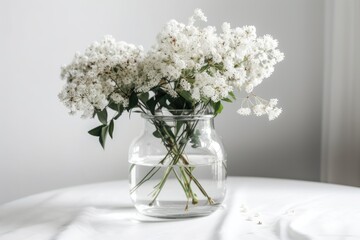 There are white flowers in a vase on a white backdrop. inside ornamentation. Generative AI