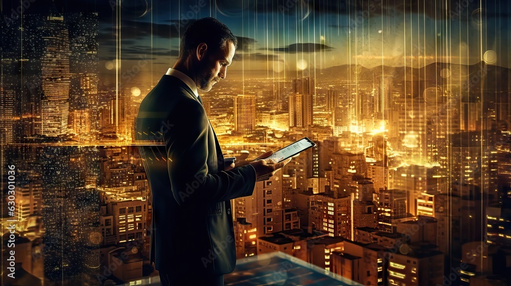 Poster businessman using tablet analyzing sales data and economic growth graph chart