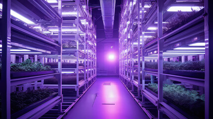 Fototapeta premium One - point perspective, Hydroponic vertical grow rack indoor farming, multiple rows and columns, growing lettuces and tomatoes, violet LED glow lights. Industrial Plant Cultivation.