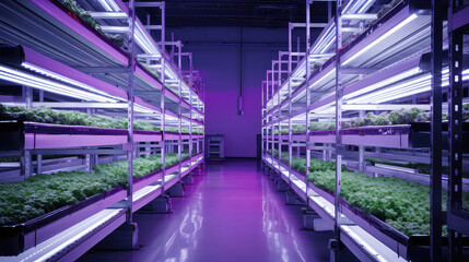 One - point perspective, Hydroponic vertical grow rack indoor farming, multiple rows and columns, growing lettuces and tomatoes, violet LED glow lights. Industrial Plant Cultivation.