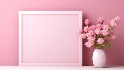 Cute pink poster mockup product display in girlish tender elegant colors free space blooming cherry sakura doll colors banner.