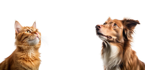 banner with a cat and a dog looking up, isolated on white background. 
