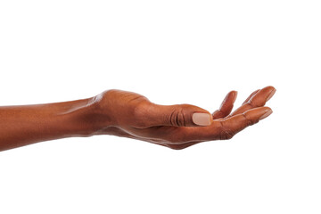 Beautiful black female hand facing upwards on white background - Powered by Adobe