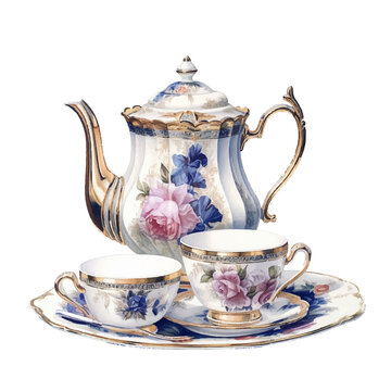 tea set in watercolor style illustration, generative AI