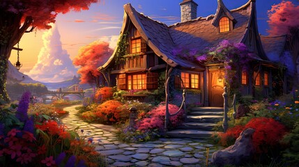 painting style illustration of  a small cottage on hill with beautiful nature scenery, Generative Ai