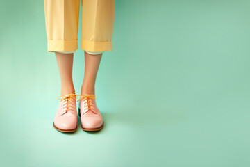 Legs of a woman in modern, pastel colored shoes. Fashion, shopping, shoes, minimal concept. AI generative, illustration