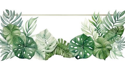 Watercolour frame with tropical green leaves and branches.