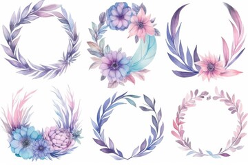 Watercolor Floral Wreath In Boho Pink Purple Turquoise Pastel Colors Isolated On White Background. Generative AI