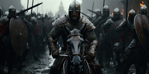 Medieval Armored Knights Battle over their horses, fighting with honor, movie cine still image - obrazy, fototapety, plakaty