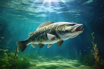 fish bass in habitat under water looking for prey. - obrazy, fototapety, plakaty