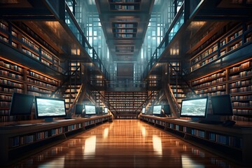 Hybrid of old and new: A modern digital library combining traditional books with computers and e-books, reflecting the evolution of learning