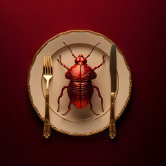 Big beautiful red metallic beetle on a plate with cutlery, creative concept of new trends in restaurants.