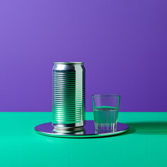 Nicely designed drink can and glass with refreshment, purple green layout.