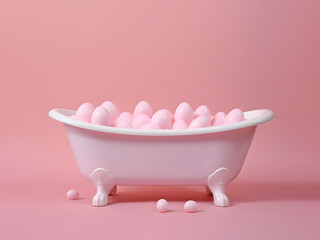 A retro-style bathtub full of pink foamy bubbles, creative aesthetic spa and relax concept. 