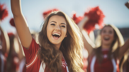 Naklejka premium Fans cheering for their team. Smiling, joyful teenage girl high school cheerleaders applauding on the sideline during a football game with the background capturing the energetic atmosphere.Generativ