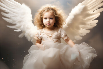 A a curly beautiful Baby angel with white wing flying in clouds. Generative ai - obrazy, fototapety, plakaty