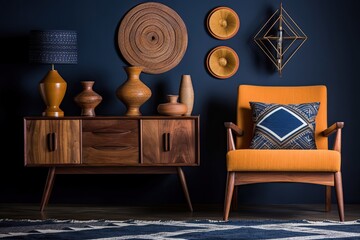Warm-toned living room furnishings with a chair against a dark-blue wall that isn't occupied. Generative AI - obrazy, fototapety, plakaty