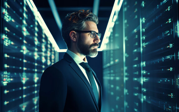 Data Center Chief Technology Officer standing in futuristic server room. SAAS, cloud computing, and online service. Generative ai