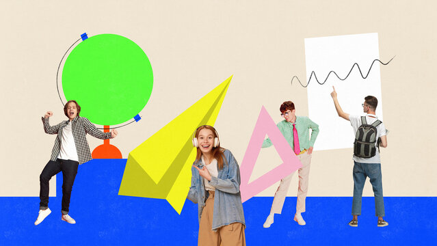 Happy school days. Image of students with drawing globe, triangle, paper plane in bright colors over beige background. Contemporary art collage.