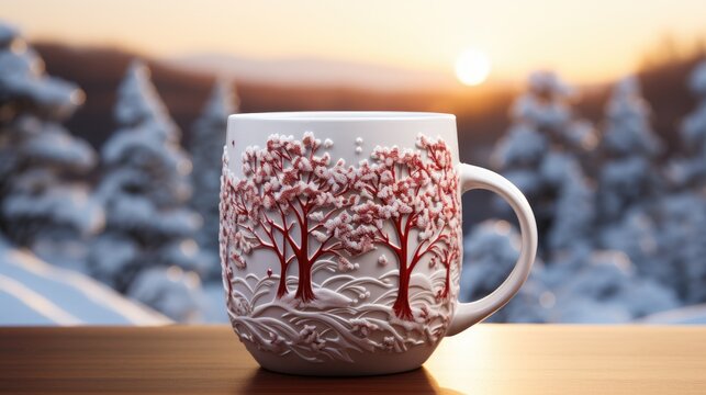 Decorated christmas coffee mug with winter forest landscape and snow.