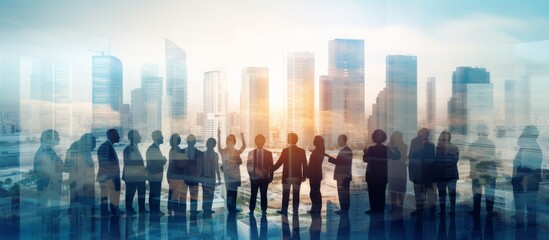 Fototapeta na wymiar business successful people double exposure with highrise modern city office building business people standing together success agreement and working together,ai generate
