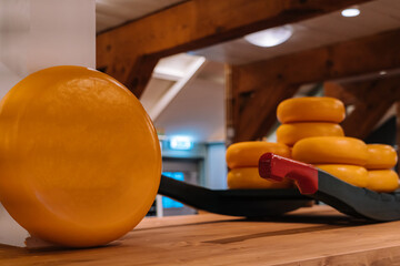 The head of cheese on the shelves of warehouse in netherlands open sky museum. Production of Dutch...