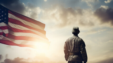 Military male soldier with the USA flag copy space background Memorial National Day, Veterans Day banner. 
