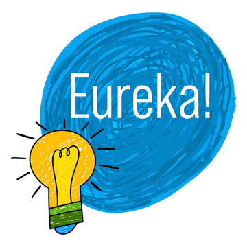 Eureka Bulb Sketch Blue Yellow Paint Circular Text 