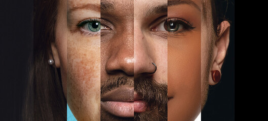 Human face made from different portrait of men and women of diverse age and race. Combination of faces. Friendship. Concept of social equality, human rights, freedom, diversity, acceptance - obrazy, fototapety, plakaty