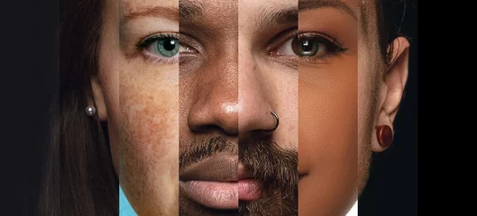 Tuinposter Human face made from different portrait of men and women of diverse age and race. Combination of faces. Friendship. Concept of social equality, human rights, freedom, diversity, acceptance © master1305