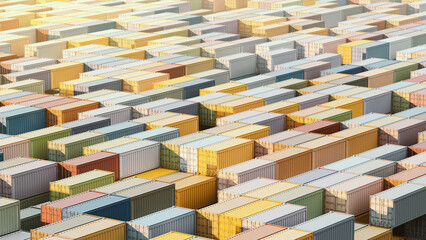 Stack of shipping containers. Front view. Colorful cargo boxes. Dockyard, industrial port. 3d rendering