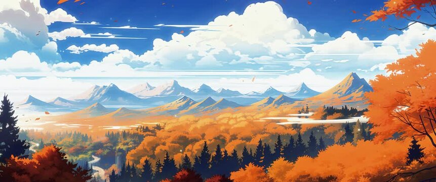 Anamorphic video. Autumn landscape with trees and falling leaves. Cartoon or anime watercolor painting illustration style. Seamless looping 4K vertical video animation background.