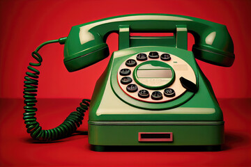 Generative AI antique green telephone on a red background