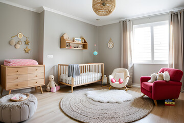 Baby room interior with stylish furniture and toys. Side view