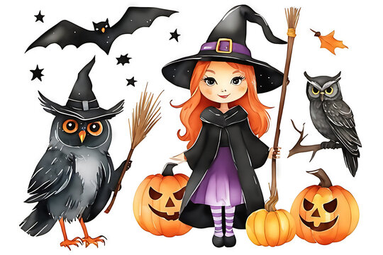 Colección De Pegatinas De Otoño Con Diferentes Elementos De Halloween. Pegatinas Con Murciélagos, Bruja Y Calabazas. Ilustración Creada Con Herramientas Generativas De IA.	
