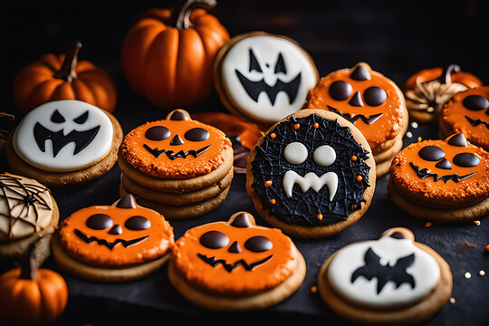 Delicoisas galletas para Halloween. Galletas de mantequilla reci&eacute;n hechas. Galletas de monstruos para eventos. Galletas horneadas con decoraci&oacute;n. Ilustraci&oacute;n creada con herramientas generativas de IA.