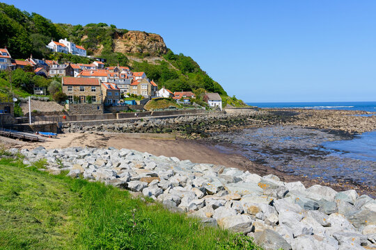Yorkshire seaside village of Runswick on a bright spring day.