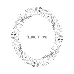 Vector cute frame of hand drawn botanical small elements, twigs, berries, flowers, pine branches in doodle style, isolated 