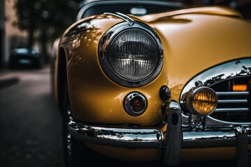 Fototapeta premium view of a modern car's headlamp seen from a low angle. Generative AI