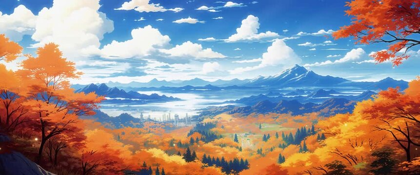 Anamorphic video. Autumn landscape with trees and falling leaves. Cartoon or anime watercolor painting illustration style. Seamless looping 4K vertical video animation background.