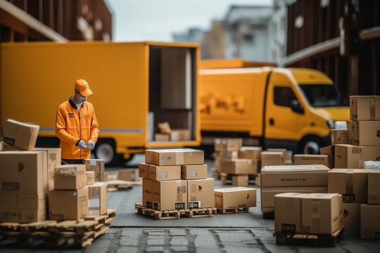 A delivery truck driver unloading packages and parcels, Generative Ai