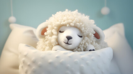 illustration d'un petit mouton en train de dormir, style 3D - obrazy, fototapety, plakaty