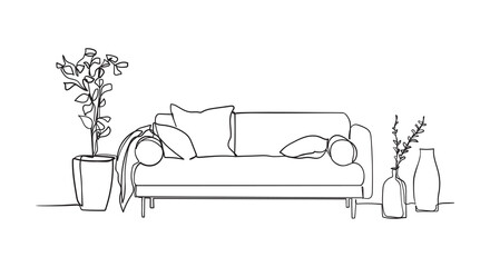 Continuous one line drawing of sofa and with potted plants. Scandinavian stylish furniture in simple linear style. Vector illustration