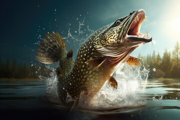 pike jumping out of water, ai generated - obrazy, fototapety, plakaty