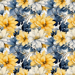 seamless pattern yellow and gray flowers on a white background. Generative ai.