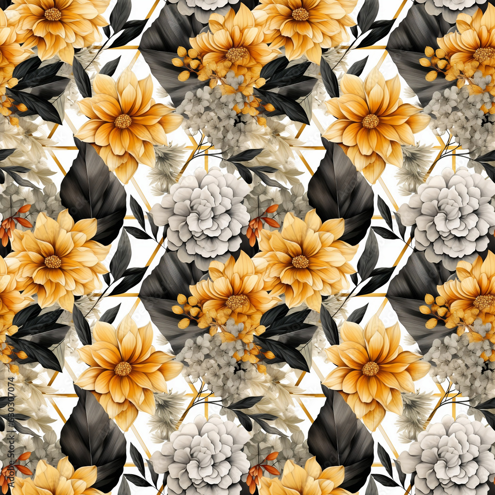 Wall mural seamless pattern yellow and gray flowers on a white background with the addition of geometric elements. Generative ai.